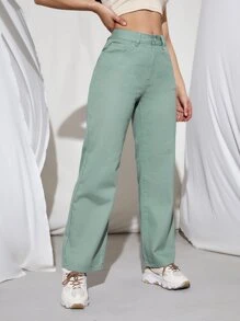 Jeans rectos de cintura media con lavado de piedra - verde menta - Ver 4