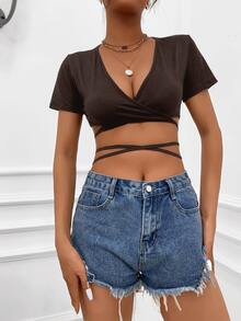 SHEIN SXY 素色交叉後綁帶短款上衣 - 巧克力棕 - 查看 7