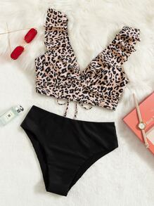 SHEIN Swim 2pcs/Set Women's 2025 Summer Beach Leopard Print Ruffled Hem Bikini Swimwear Set - Multicolor - View 1