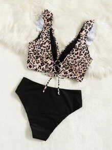 SHEIN Swim 2pcs/Set Women's 2025 Summer Beach Leopard Print Ruffled Hem Bikini Swimwear Set - Multicolor - View 2