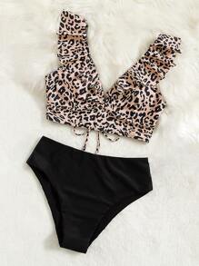 SHEIN Swim 2pcs/Set Women's 2025 Summer Beach Leopard Print Ruffled Hem Bikini Swimwear Set - Multicolor - View 4