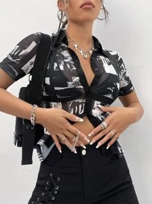 SHEIN ICON Áo sơ mi In Đồ họa Lưới - Đen và trắng - Xem 1