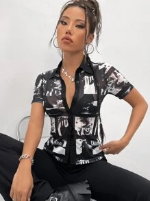 SHEIN ICON Áo sơ mi In Đồ họa Lưới - Đen và trắng - Xem 4