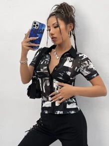 SHEIN ICON Áo sơ mi In Đồ họa Lưới - Đen và trắng - Xem 6