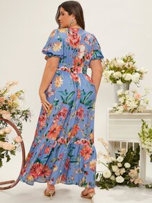 SHEIN Belle Vestido de dama de honor con estampado floral de cuello profundo de manga farol bajo con fruncido - Multicolor - Ver 2
