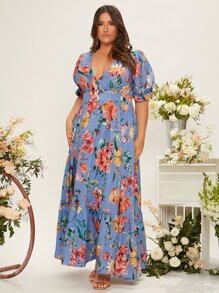 SHEIN Belle Vestido de dama de honor con estampado floral de cuello profundo de manga farol bajo con fruncido - Multicolor - Ver 4