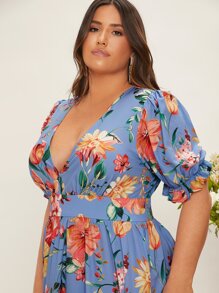 SHEIN Belle Vestido de dama de honor con estampado floral de cuello profundo de manga farol bajo con fruncido - Multicolor - Ver 5