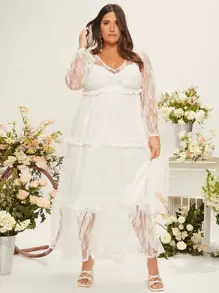 SHEIN Belle Plus Layered Hem Lace Wedding Dress - White - View 1