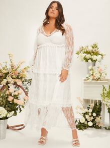 SHEIN Belle Plus Layered Hem Lace Wedding Dress - White - View 3