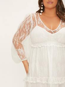 SHEIN Belle Plus Layered Hem Lace Wedding Dress - White - View 5