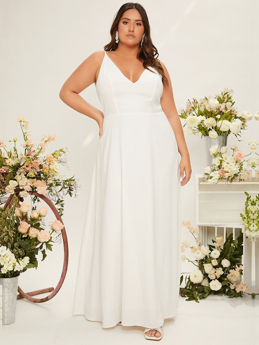 SHEIN Belle Plus Zip Back Maxi Cami Wedding Dress - White - View 1