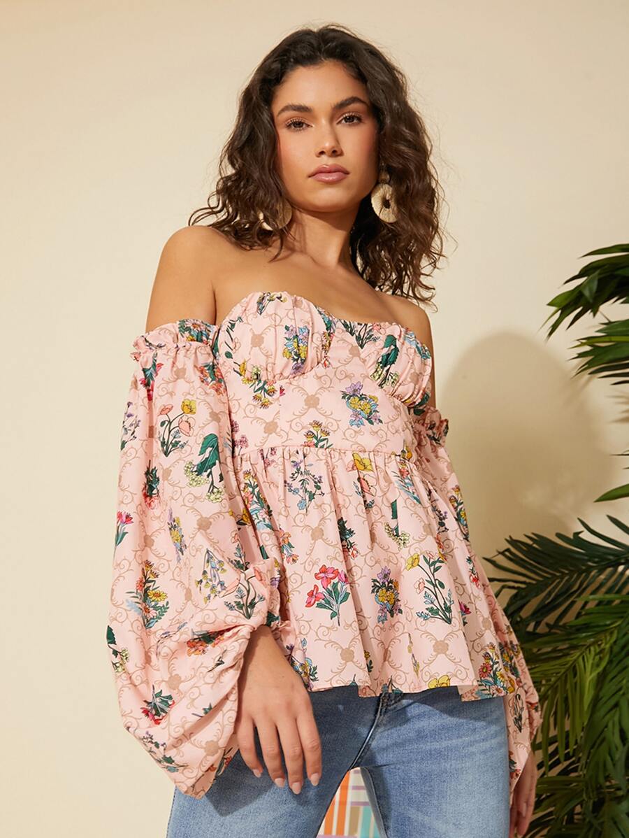 滿版印花一字肩褶邊上衣 - 彩色 - 查看 1