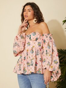 滿版印花一字肩褶邊上衣 - 彩色 - 查看 4