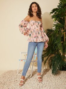 滿版印花一字肩褶邊上衣 - 彩色 - 查看 5