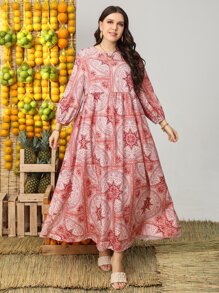 Mulvari Plus Floral And Paisley Print Smock Dress Maxi Women Outfit - Coral Pink - View 1