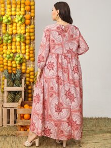 Mulvari Plus Floral And Paisley Print Smock Dress Maxi Women Outfit - Coral Pink - View 2