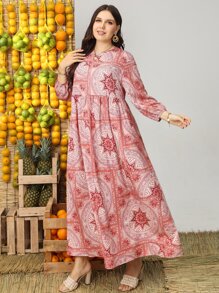Mulvari Plus Floral And Paisley Print Smock Dress Maxi Women Outfit - Coral Pink - View 3
