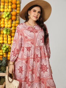 Mulvari Plus Floral And Paisley Print Smock Dress Maxi Women Outfit - Coral Pink - View 4