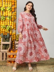 Mulvari Plus Floral And Paisley Print Smock Dress Maxi Women Outfit - Coral Pink - View 5