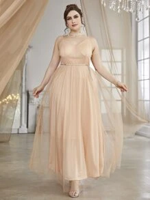 SHEIN Belle Plus Mesh Belted Cami Bridesmaid Dress - Champagne - View 1