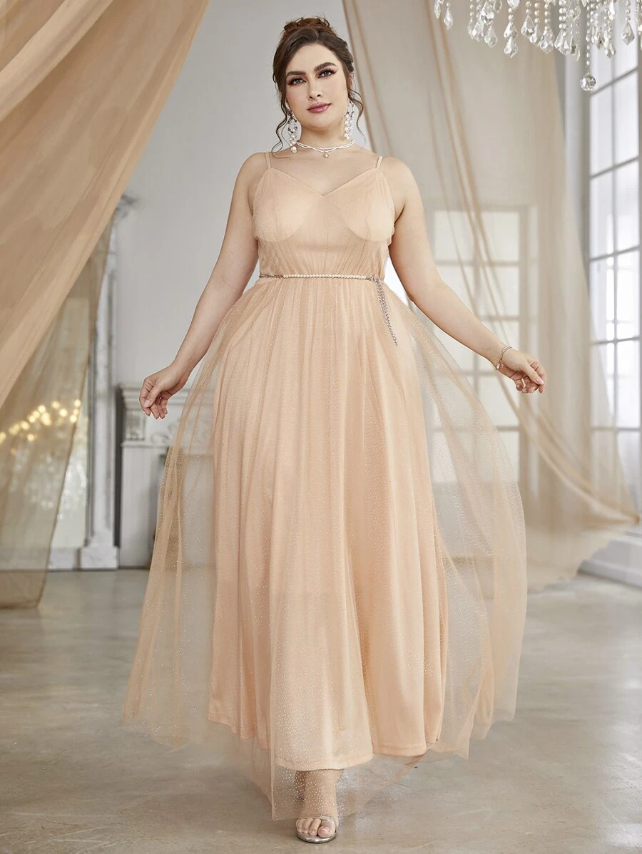 SHEIN Belle Plus Mesh Belted Cami Bridesmaid Dress - Champagne - View 1