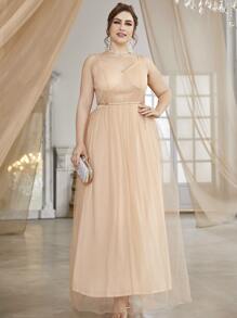 SHEIN Belle Plus Mesh Belted Cami Bridesmaid Dress - Champagne - View 3