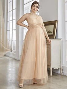 SHEIN Belle Plus Mesh Belted Cami Bridesmaid Dress - Champagne - View 5