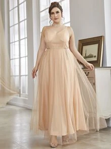 SHEIN Belle Plus Mesh Belted Cami Bridesmaid Dress - Champagne - View 6