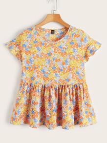 SHEIN 小碎花荷葉袖花邊下擺上衣 - 彩色 - 查看 1