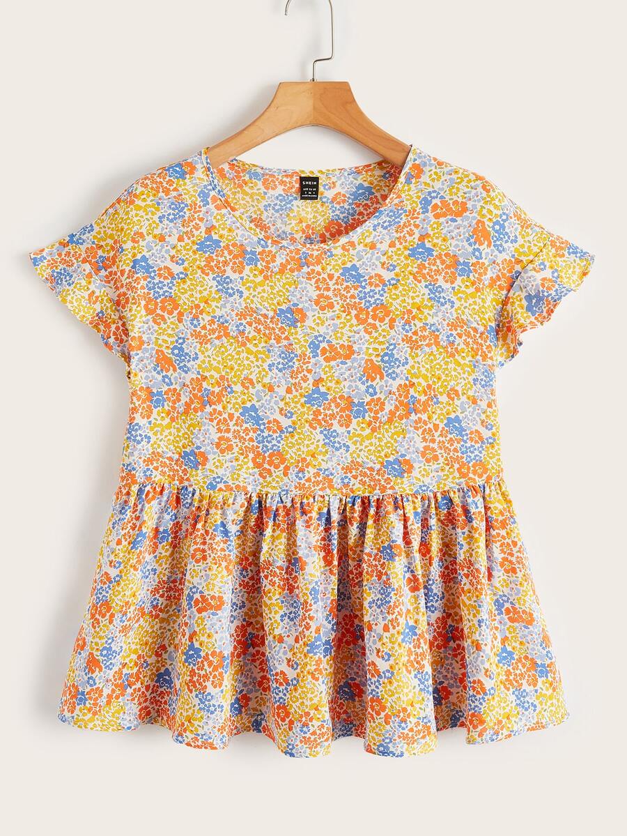 SHEIN 小碎花荷葉袖花邊下擺上衣 - 彩色 - 查看 1