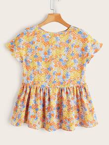 SHEIN 小碎花荷葉袖花邊下擺上衣 - 彩色 - 查看 2