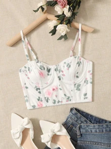 Women's Romantic Floral Print White Bralette Top With Slight Stretch Fabric - White - View 1