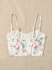 Women's Romantic Floral Print White Bralette Top With Slight Stretch Fabric - White - View 2