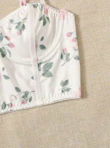Women's Romantic Floral Print White Bralette Top With Slight Stretch Fabric - White - View 5