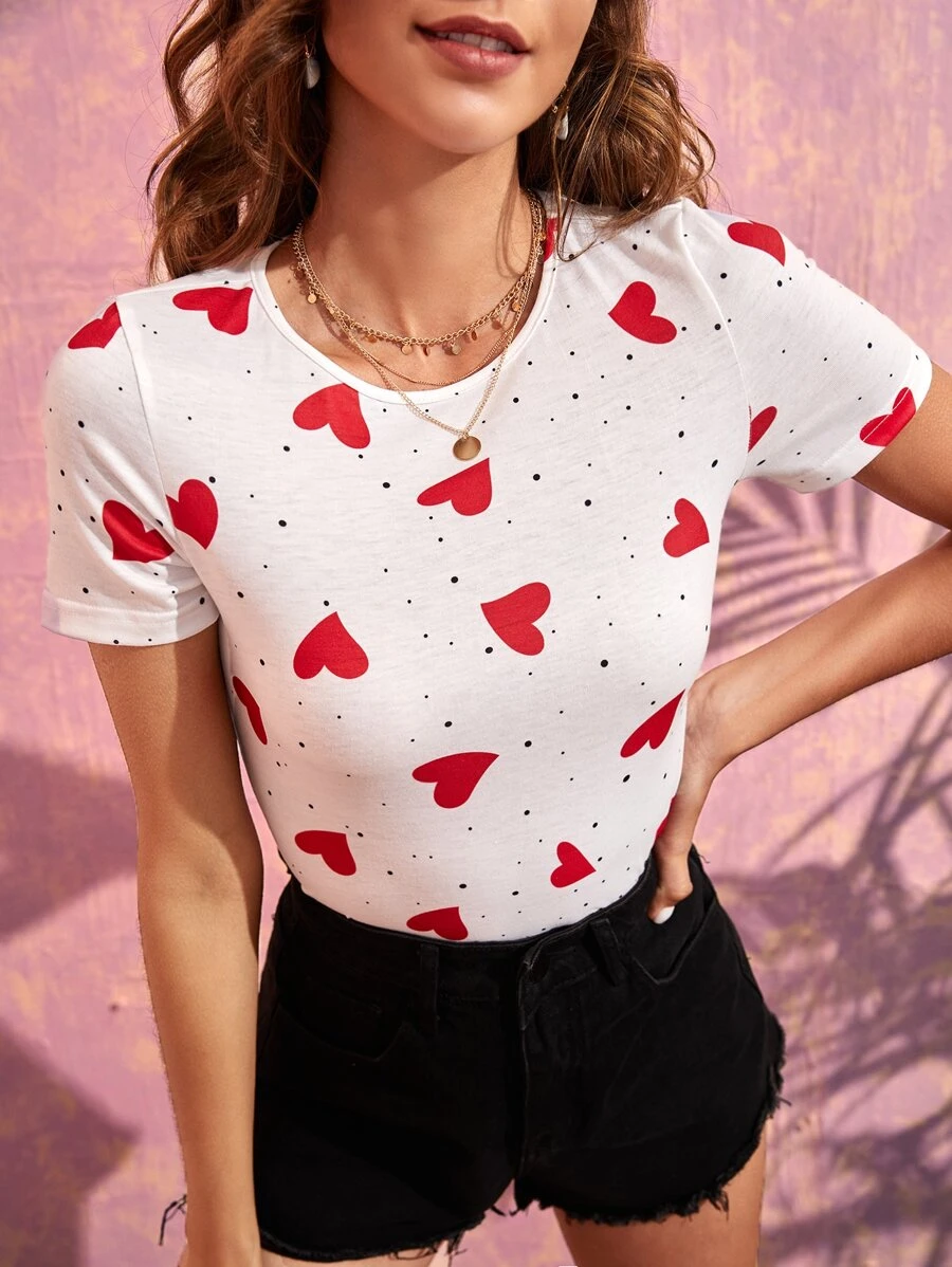 SHEIN Essnce Áo thun nữ Tim Giải trí - trắng - Xem 1