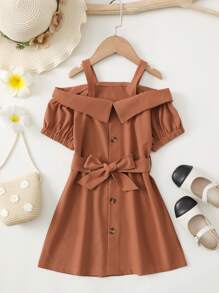 Toddler Girls Solid Cold Shoulder Belted Dress - Coffee Brown - View 1