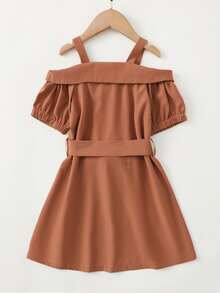 Toddler Girls Solid Cold Shoulder Belted Dress - Coffee Brown - View 2
