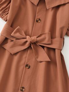 Toddler Girls Solid Cold Shoulder Belted Dress - Coffee Brown - View 4