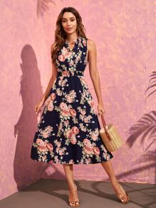 SHEIN VCAY Floral Print Notched Neck Shirred Waist Dress - Multicolor - View 1