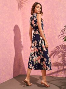 SHEIN VCAY Floral Print Notched Neck Shirred Waist Dress - Multicolor - View 2