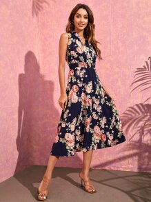 SHEIN VCAY Floral Print Notched Neck Shirred Waist Dress - Multicolor - View 3