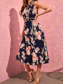 SHEIN VCAY Floral Print Notched Neck Shirred Waist Dress - Multicolor - View 4