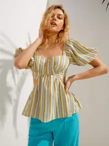 SHEIN VCAY Striped Print Cutout Peplum Top - Multicolor - View 2