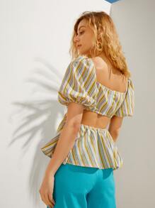 SHEIN VCAY Striped Print Cutout Peplum Top - Multicolor - View 4