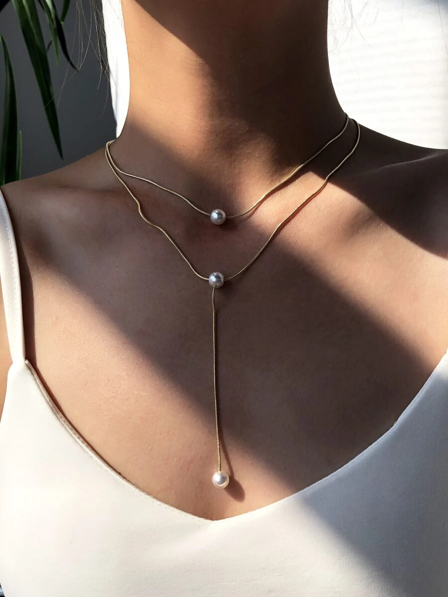 2入組人造珍珠裝飾Y形垂墜式項鏈