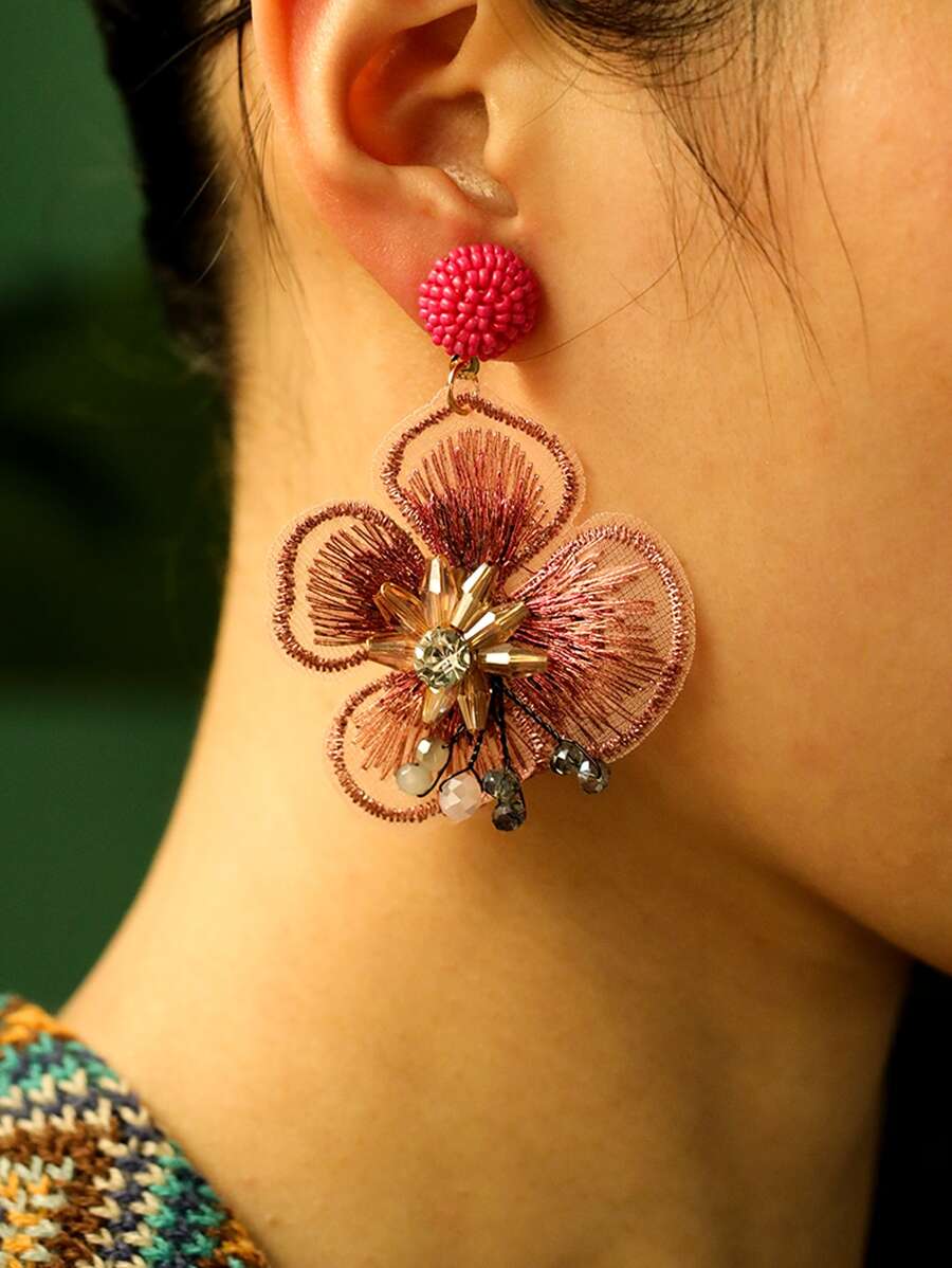 Crystal Decor Flower Drop Earrings - Multicolor - View 1