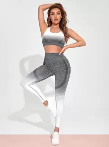 Yoga Party Breathable Colour Block Racer Back Sports Bra & Leggings Set - Multicolor - View 4