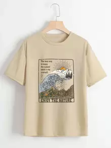 INAWLY Slogan Graphic Drop Shoulder Tee The Best Way To Enjoy The Natural World Is By Yourself ENJOY THE NATURE - Apricot - View 1
