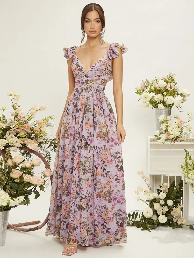 floral print sweetheart neck lace up backless ruffle trim dress Floral Sweetheart Tiered Lace Up Back Corset Ballgown petite / 0 / peach main image 1