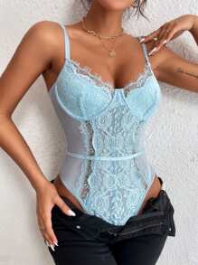 SHEIN Allurite 網紗拼接睫毛蕾絲吊帶連體衣 - 淺藍色 - 查看 1